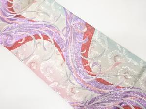 流水にリボン・孔雀羽根模様織り出し　袋帯